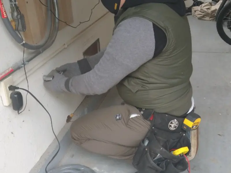 Electrician performing outlet wiring in a Chilton garage